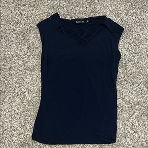 New York & Company Navy Sleeveless Tank with Lattice V-Neck